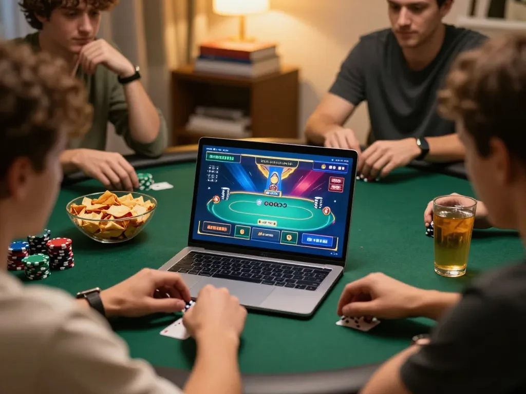 Luck8 players enjoying dynamic online poker game night at home, engaging snacks, and vibrant interface.