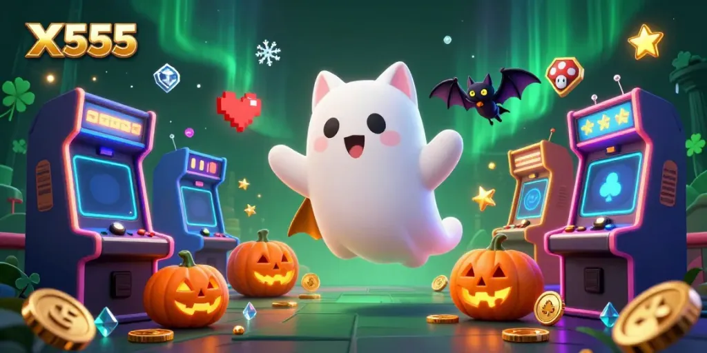 Experience the thrill of X555 in a haunted casino with vibrant 3D characters and arcade elements.
