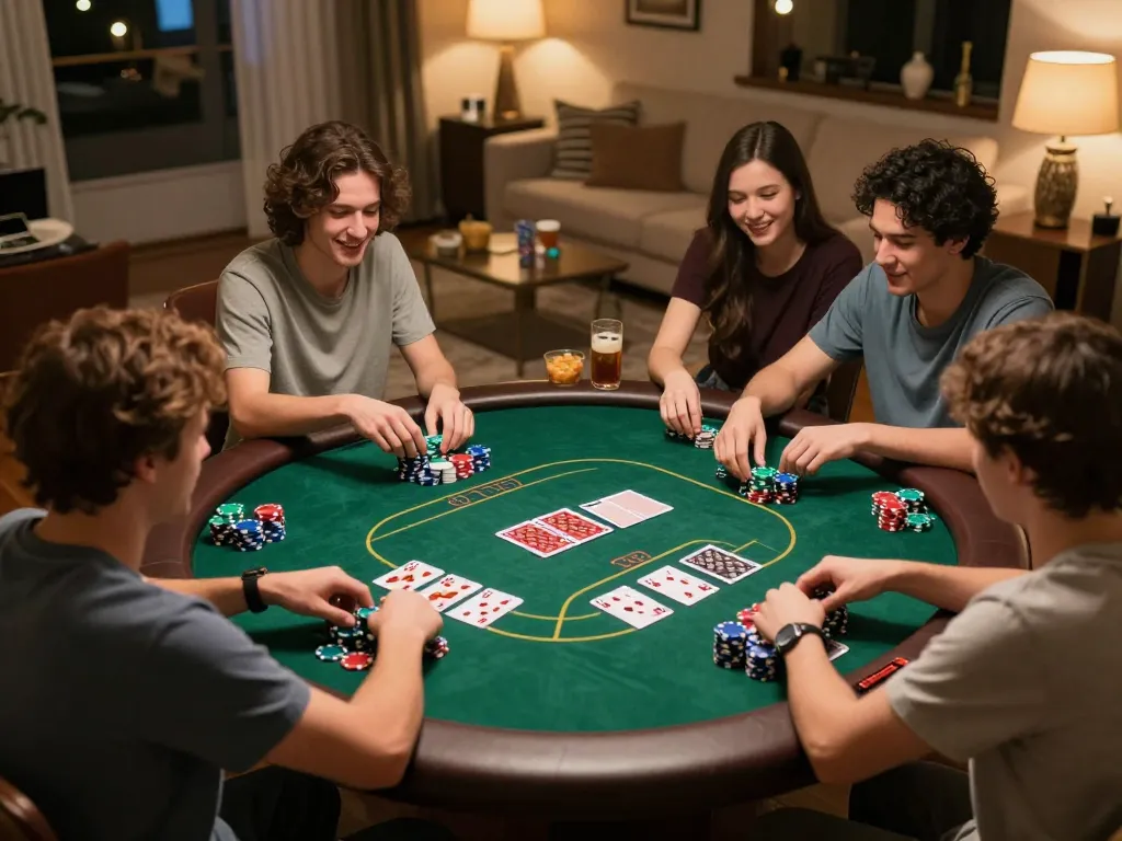 Friends having fun playing a competitive poker game at home, highlighting Lucky88 strategies in a relaxed setting.