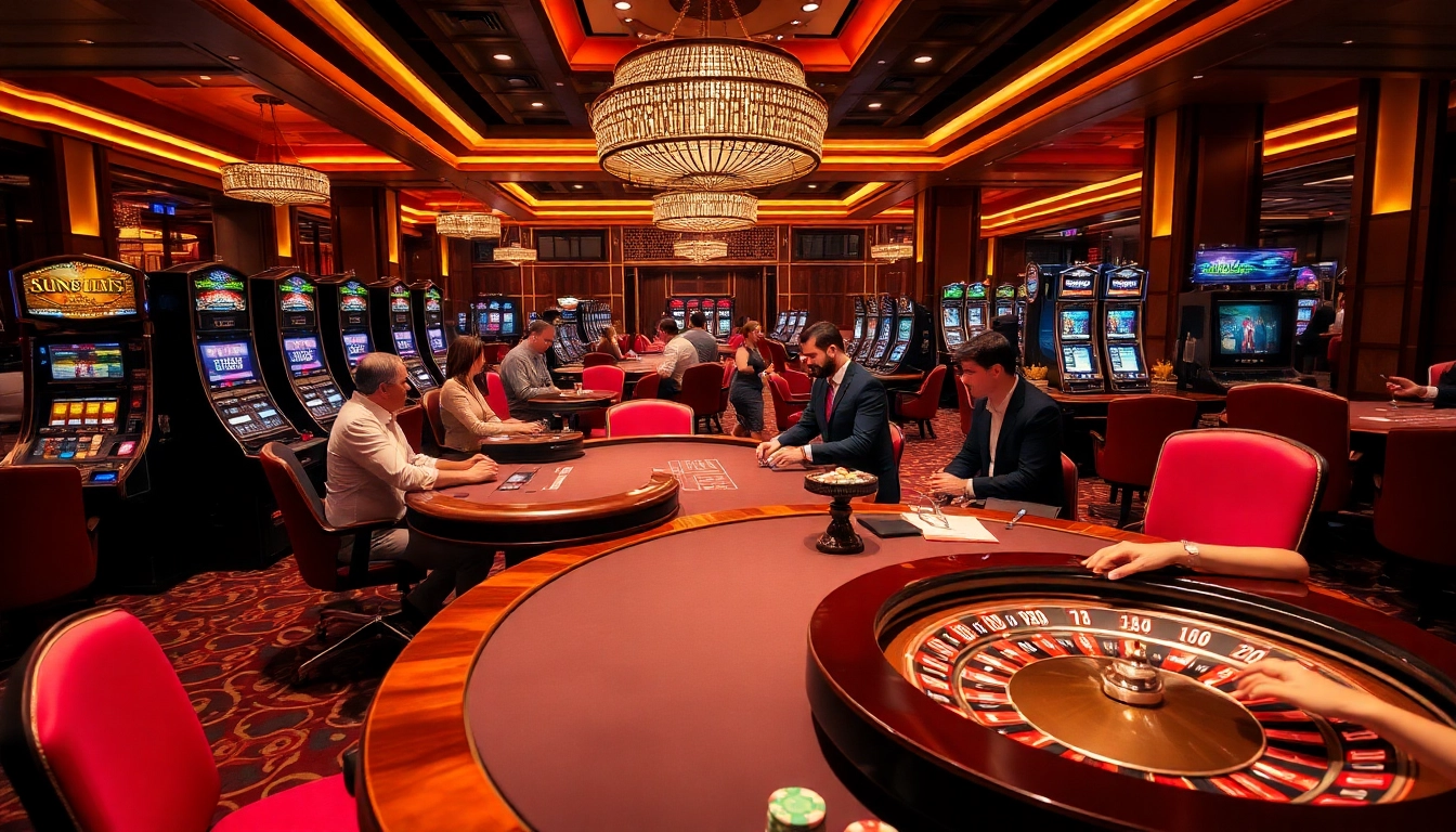 SUNWIN casino scene with vibrant tables, dealers, and poker chips.