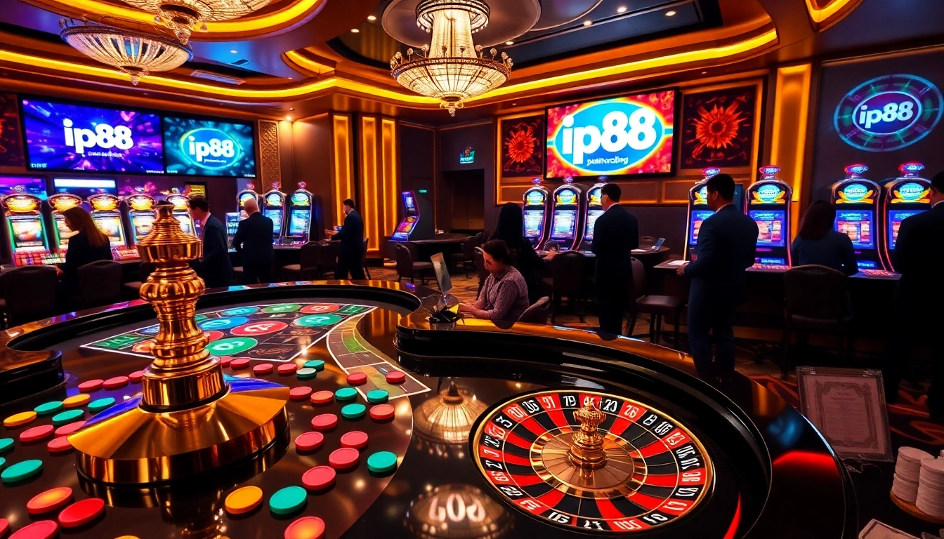Engaged gamblers enjoying casino games featuring the ip88 interface and colorful chips.