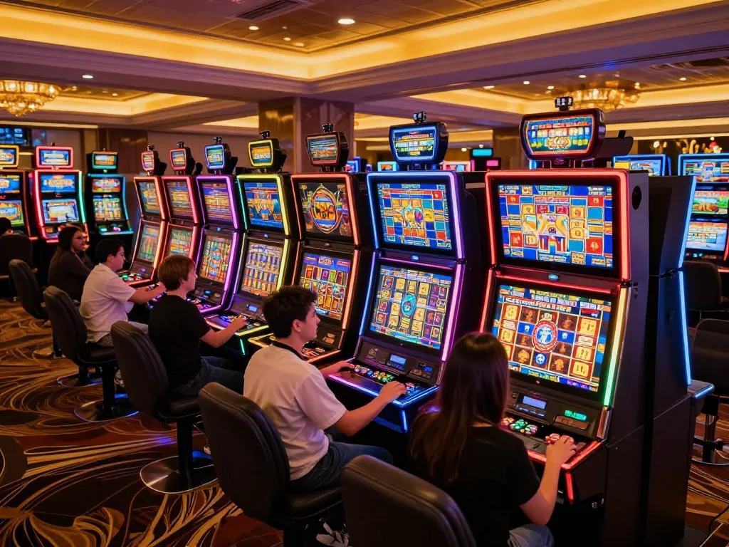 Players enjoying vibrant slot machines in a bustling casino, featuring situs slot gacor options for exciting wins.