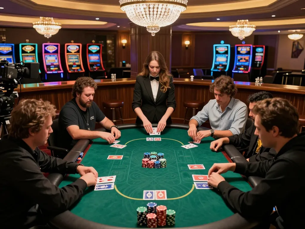 Players engaging in intense poker gameplay at 58win casino, showcasing vibrant chips and competitive atmosphere.