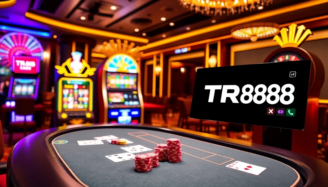 TR88 logo displayed on an upscale casino gambling scene with poker table and roulette.