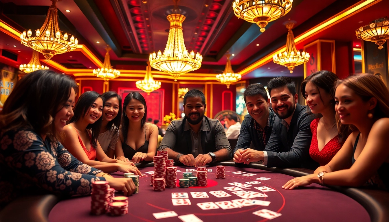 Engaging players enjoying the lc88 game at a luxurious casino table