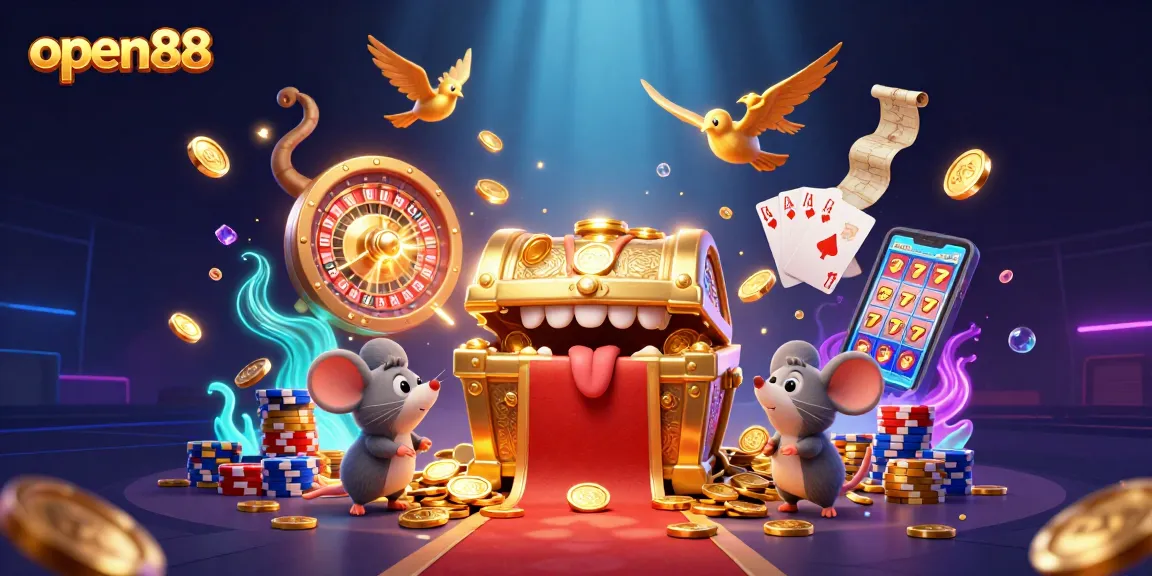 Engage with open88 as treasure chest mimics attract adventurer mice in a rich casino scene.