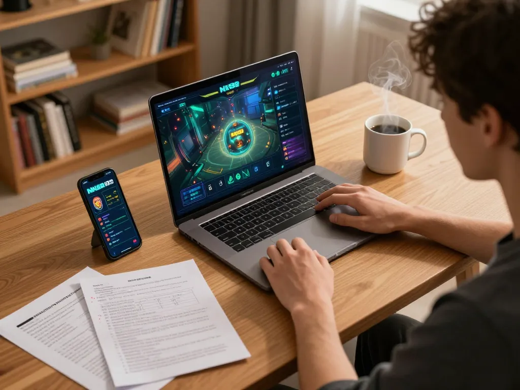 Engaged player enjoying NK88 online gambling experience at home with laptop and notes.