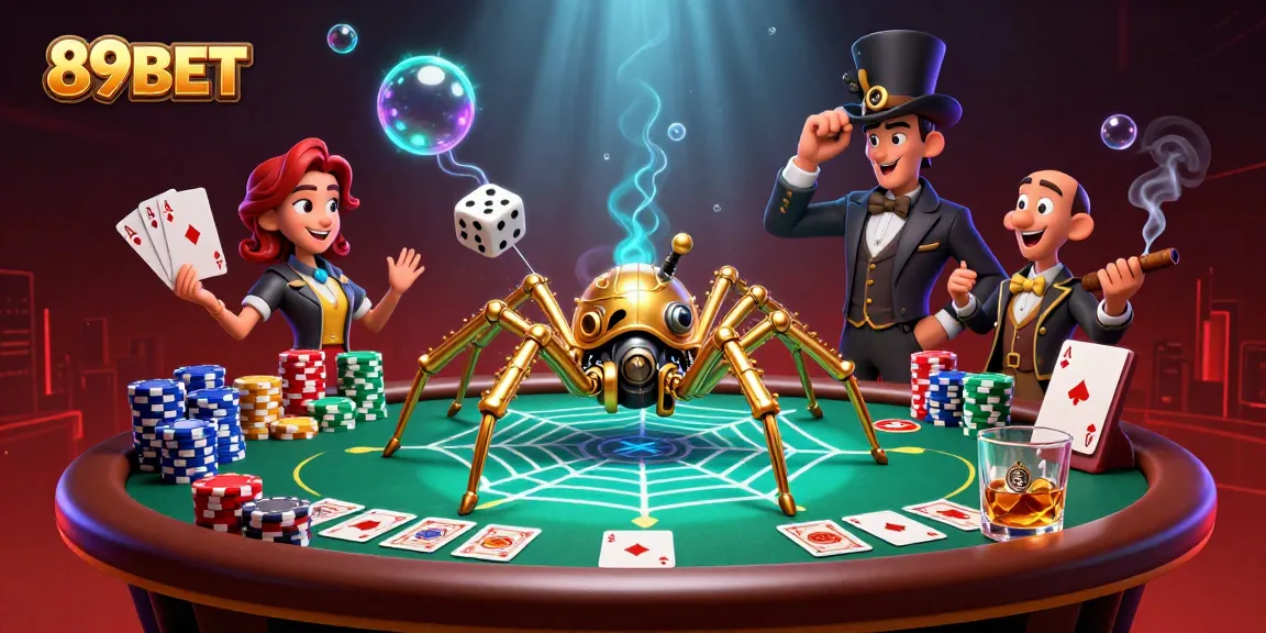 89BET casino scene with a steampunk spider and poker elements creating a rich, immersive atmosphere.