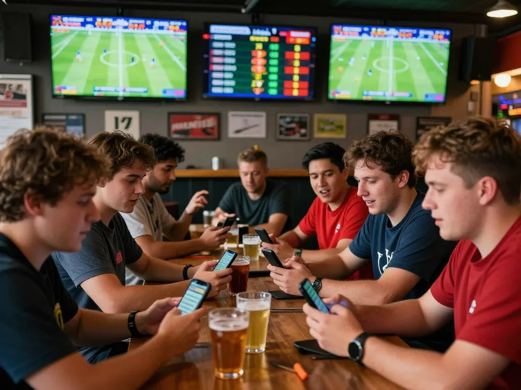 Fans engaging in sports betting while watching kết quả bóng đá at a lively sports bar, showcasing excitement.