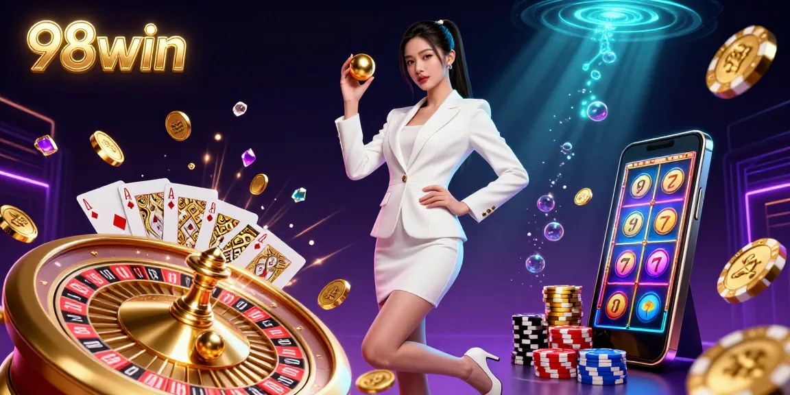 Experience thrilling gameplay at 98win with a stunning photo of a confident woman holding a golden roulette ball.