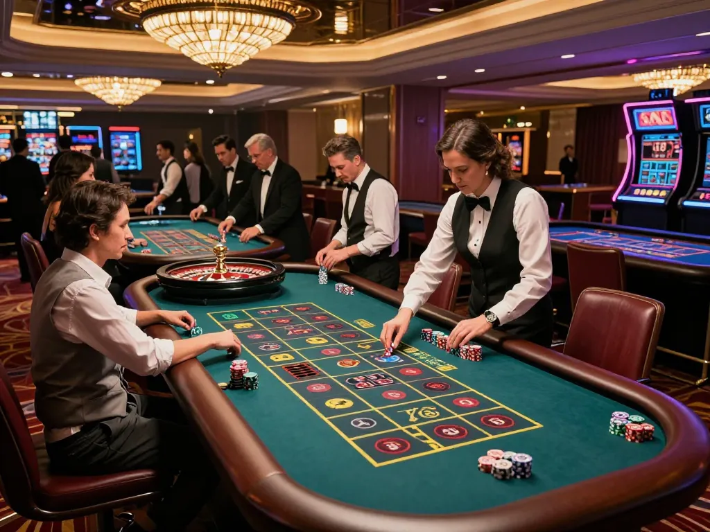 Experience the thrill at https://dabet39.net/ with players engaged in an intense roulette game under vibrant casino lights.