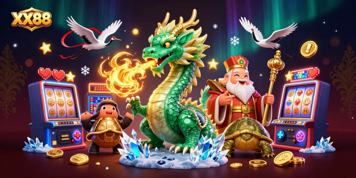 Experience the excitement at XX88 with a dynamic casino illustration featuring a jade dragon and slot machines!
