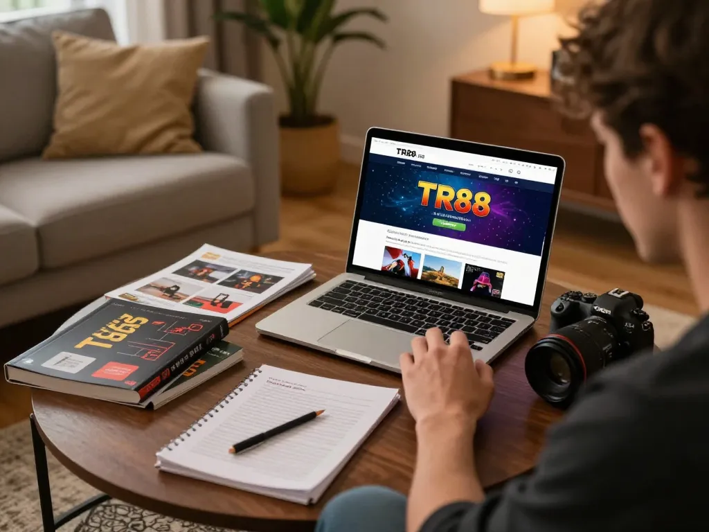 Engaged player using TR88 platform for online gambling enjoying cozy home atmosphere.