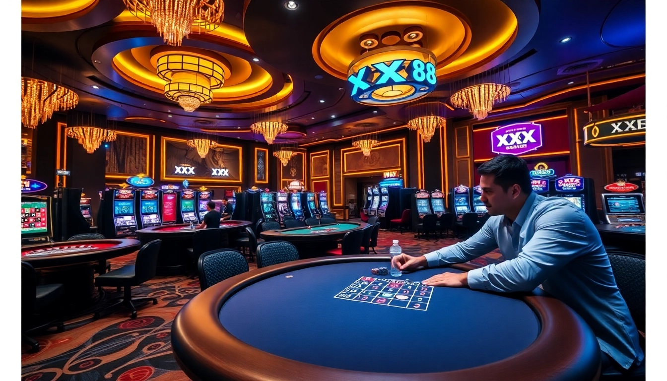 Gambling excitement at XX 88 casino, showcasing players enjoying games like poker and roulette.