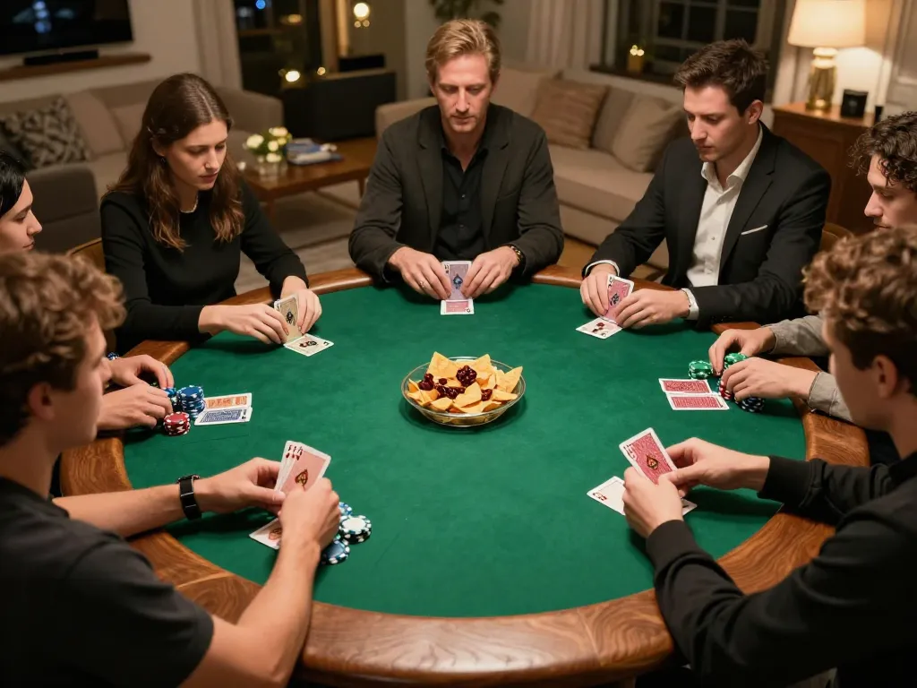 Player engaging in an intense poker game at a home gathering, strategic moves visible, enjoying a sun win atmosphere.