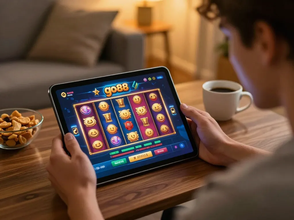 Player using the go88 app on a tablet in a cozy living room while enjoying a thrilling slot game experience.