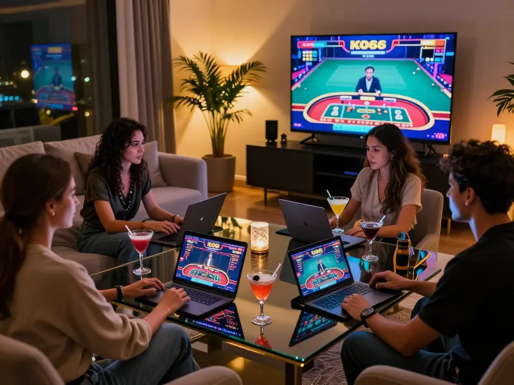 Friends enjoying KO66 online gambling in a stylish home setting.