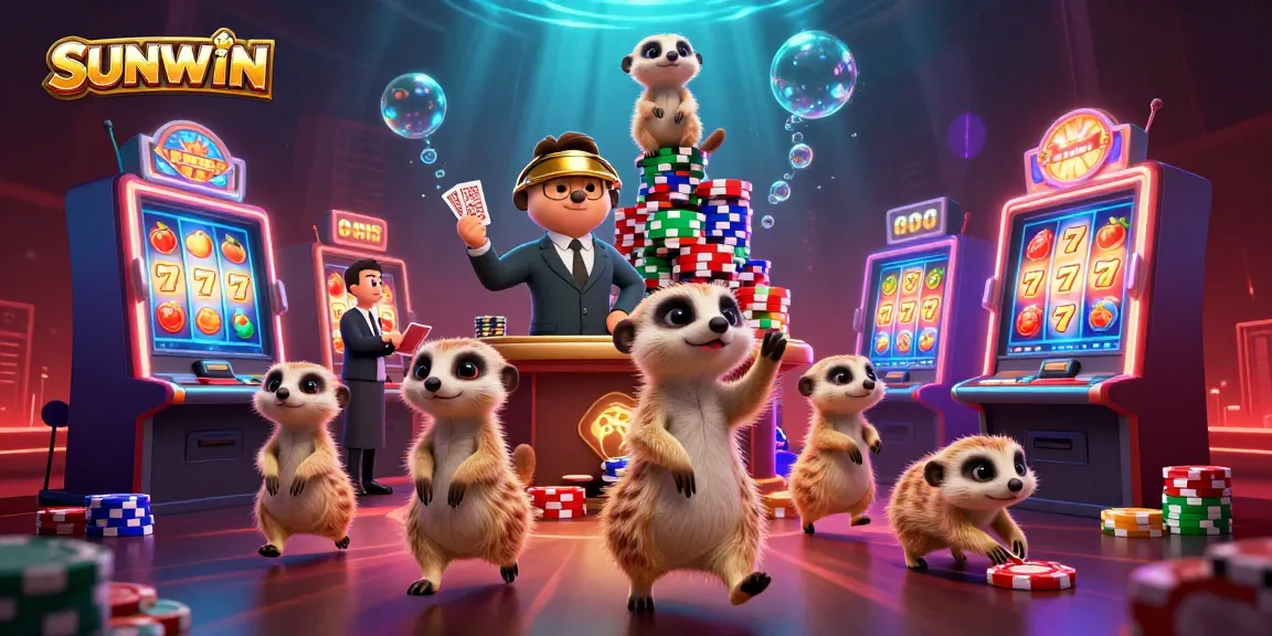 SUNWIN casino scene with playful meerkats joyfully managing slot operations and sneaking chips.
