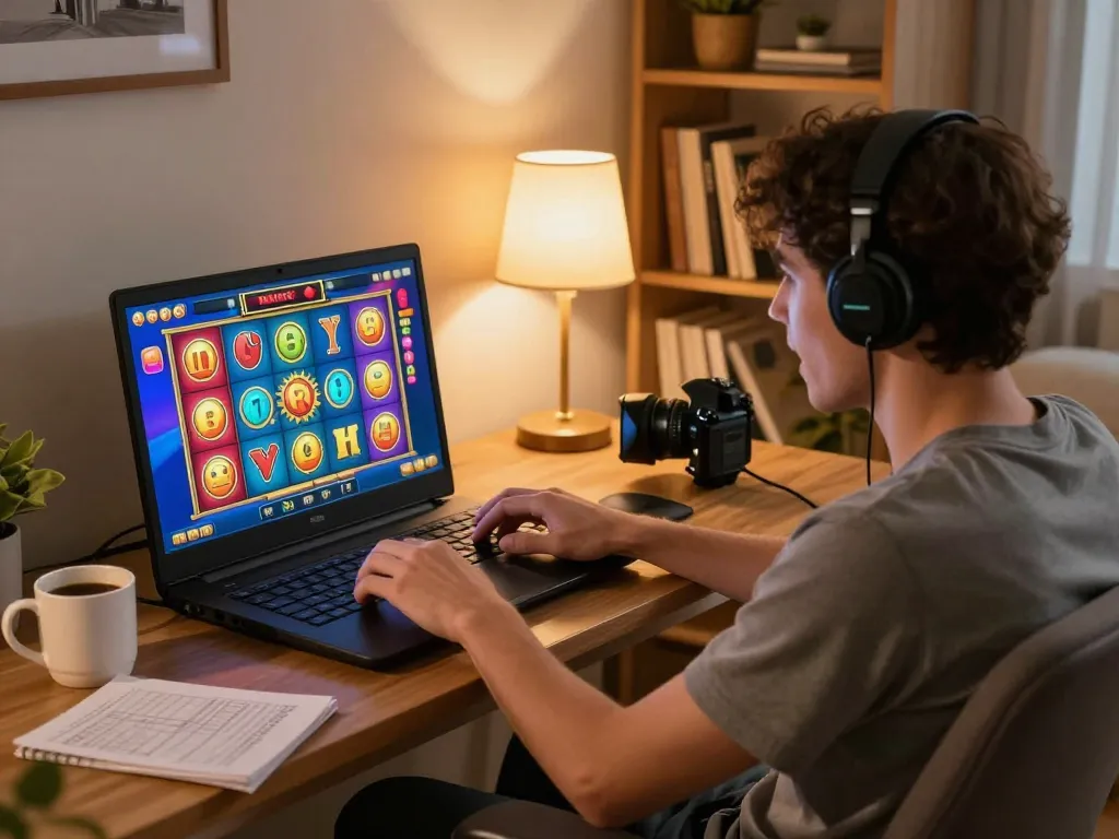 Player exploring exciting slot games on 13Win laptop with strategy notes nearby, immersed in responsible gaming.