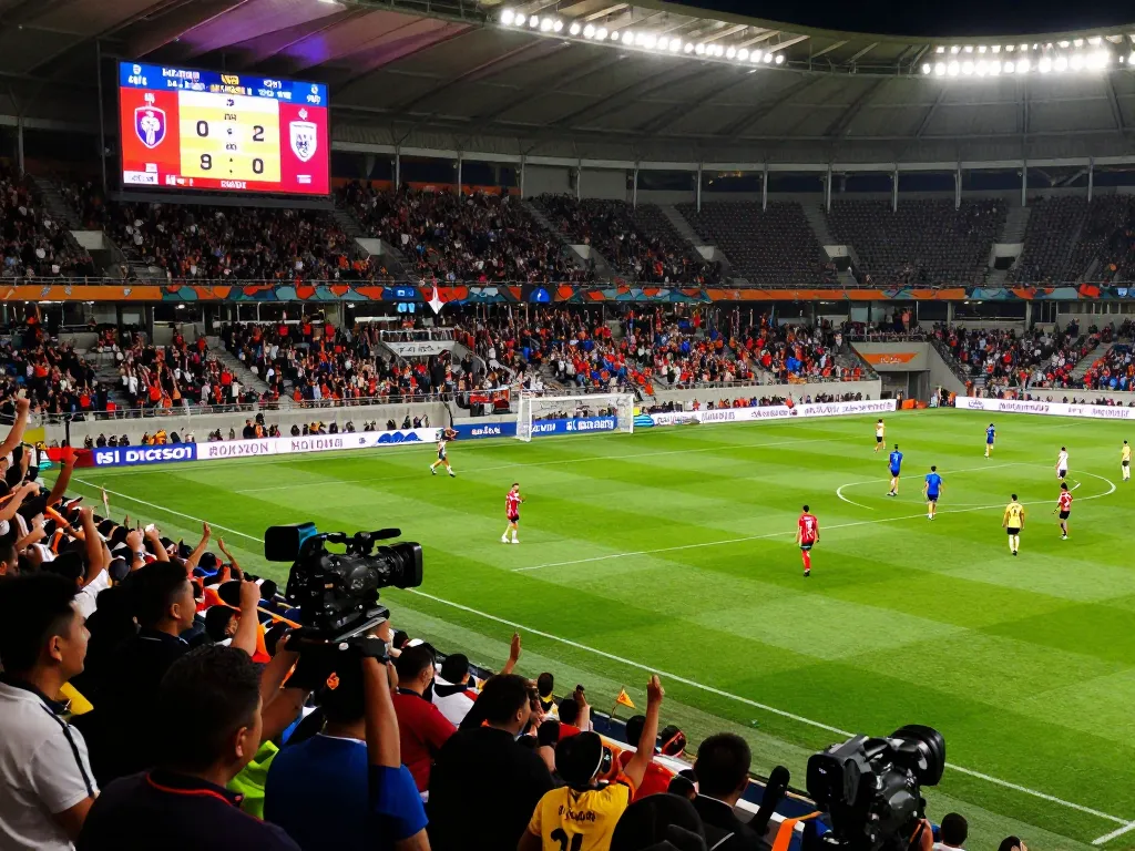 View showcasing lively stadium filled with fans celebrating as real-time kết quả bóng đá updates flash across the digital scoreboard.