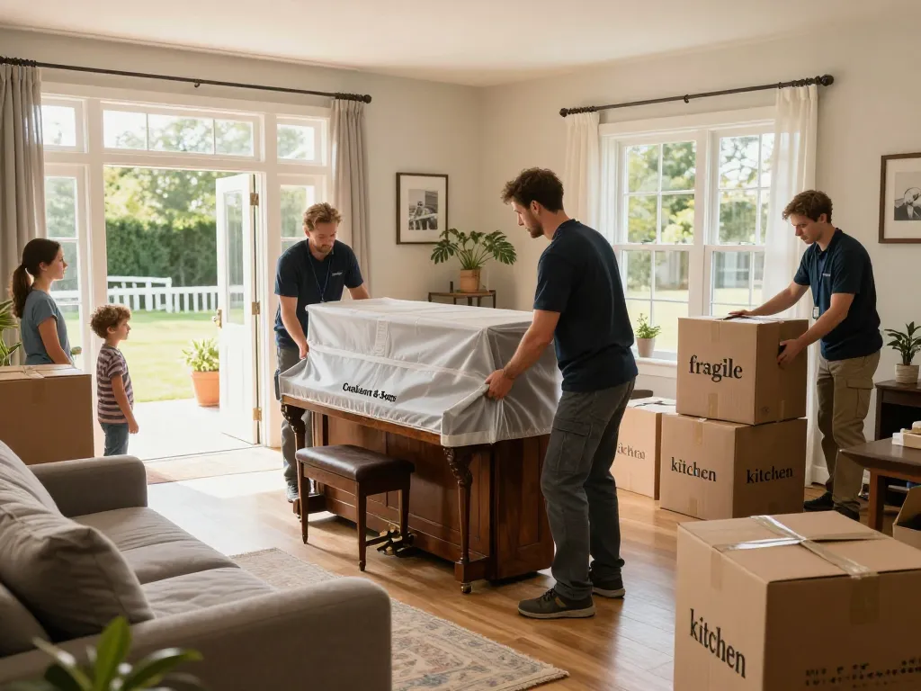 Blackpool Removals Company team packing an antique piano during a professional moving service, showcasing care and efficiency.