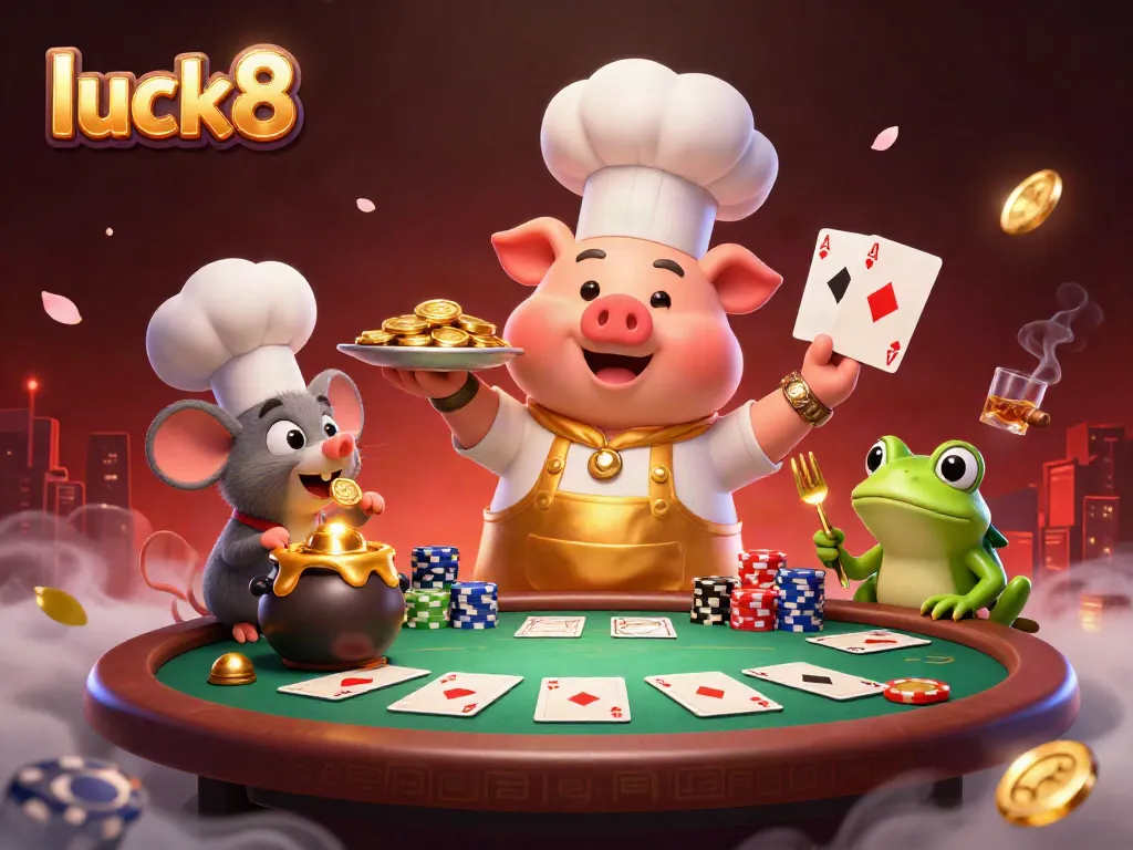 Experience luck8 gameplay with vibrant characters and detailed casino elements in this 3D illustration.