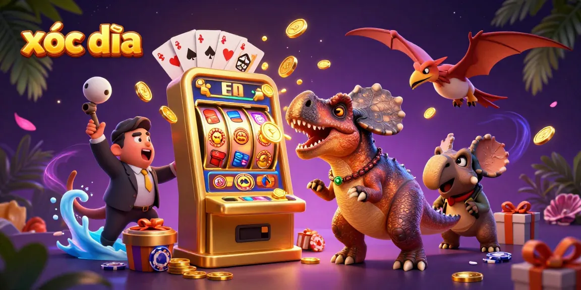 Xóc đĩa fun, pachycephalosaurus activates a slot machine while a pteranodon catches coins in a vibrant casino environment.