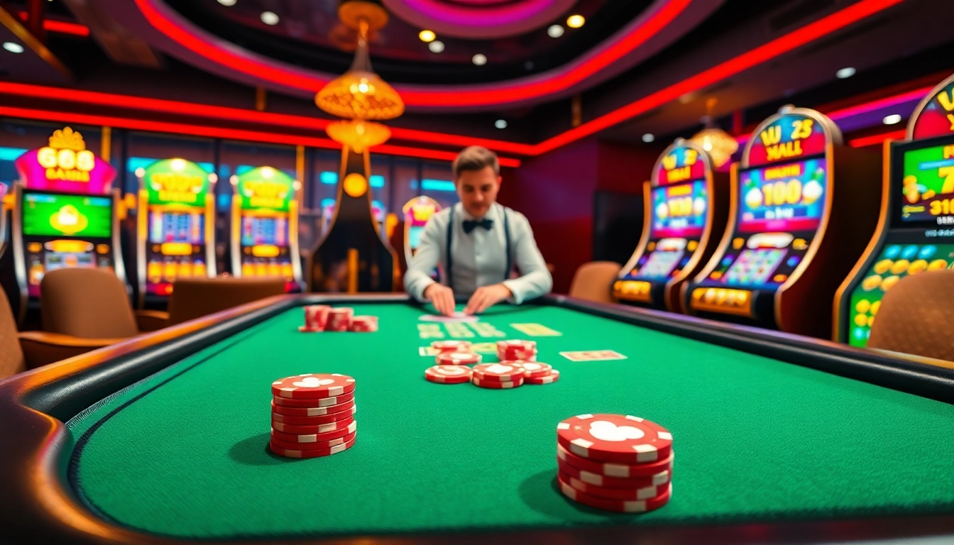 Engaging gamblers with captivating uu88 online casino visuals featuring gaming tables and slot machines.