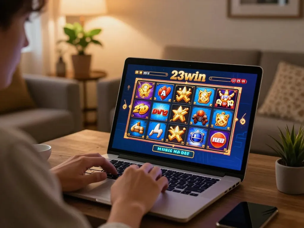 Player enjoying a 23win online slot game at home, showcasing strategic gameplay.
