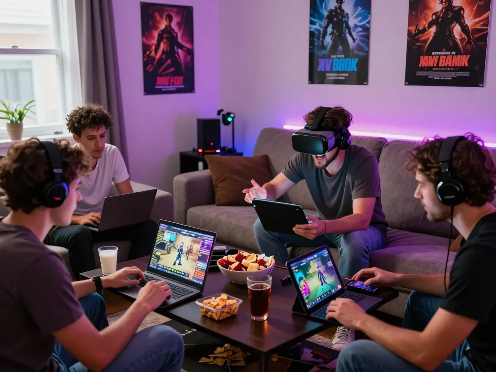 Group of friends enjoying diverse porn games in a cozy living room setting, showcasing interactive adult gaming experience