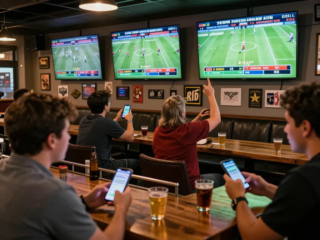 KQBD fans engaged in live sports betting in a lively sports bar atmosphere