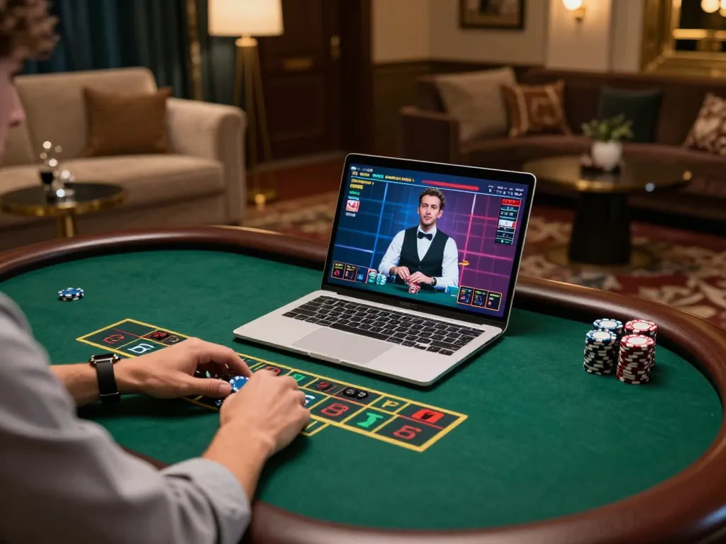 Fly88 user engaged in online blackjack gameplay from a cozy living room setup, showcasing modern gambling.