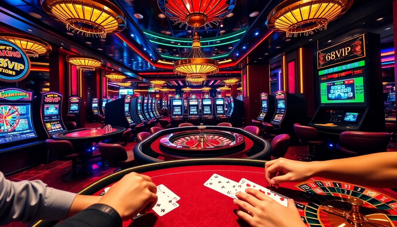 Experience high-stakes gambling excitement at 68VIP with poker tables and colorful slot machines.