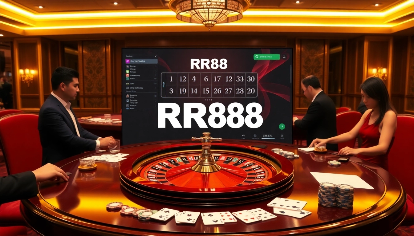 Experience high-stakes gaming with RR88's exciting casino visuals featuring roulette and poker.