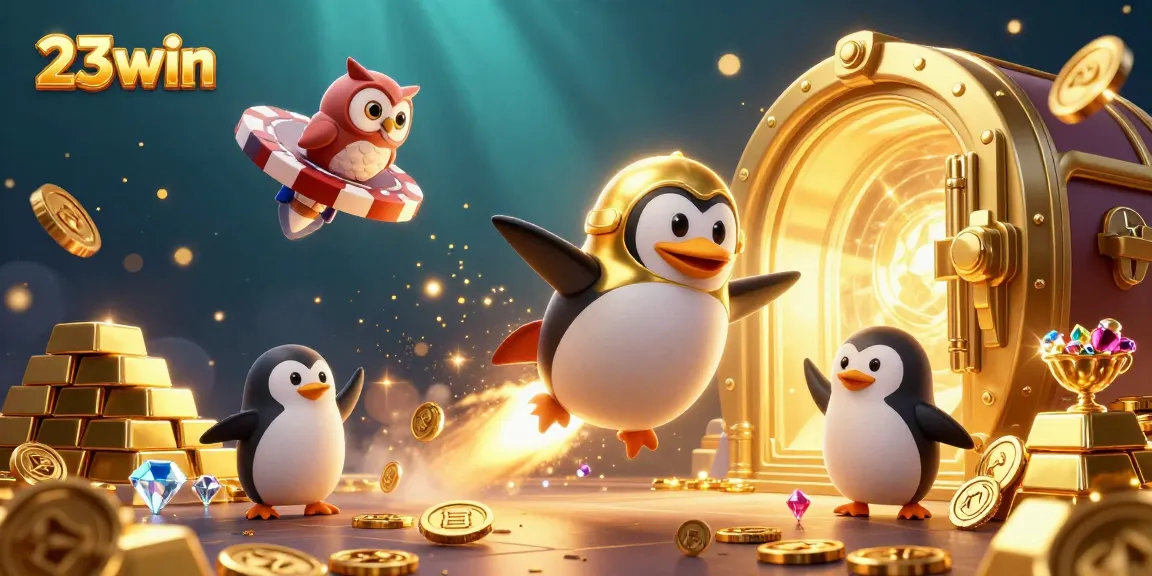 The 23win dynamic 3D illustration showcases a rocket-powered penguin rushing towards a casino space station, enveloped by treasure and excitement.