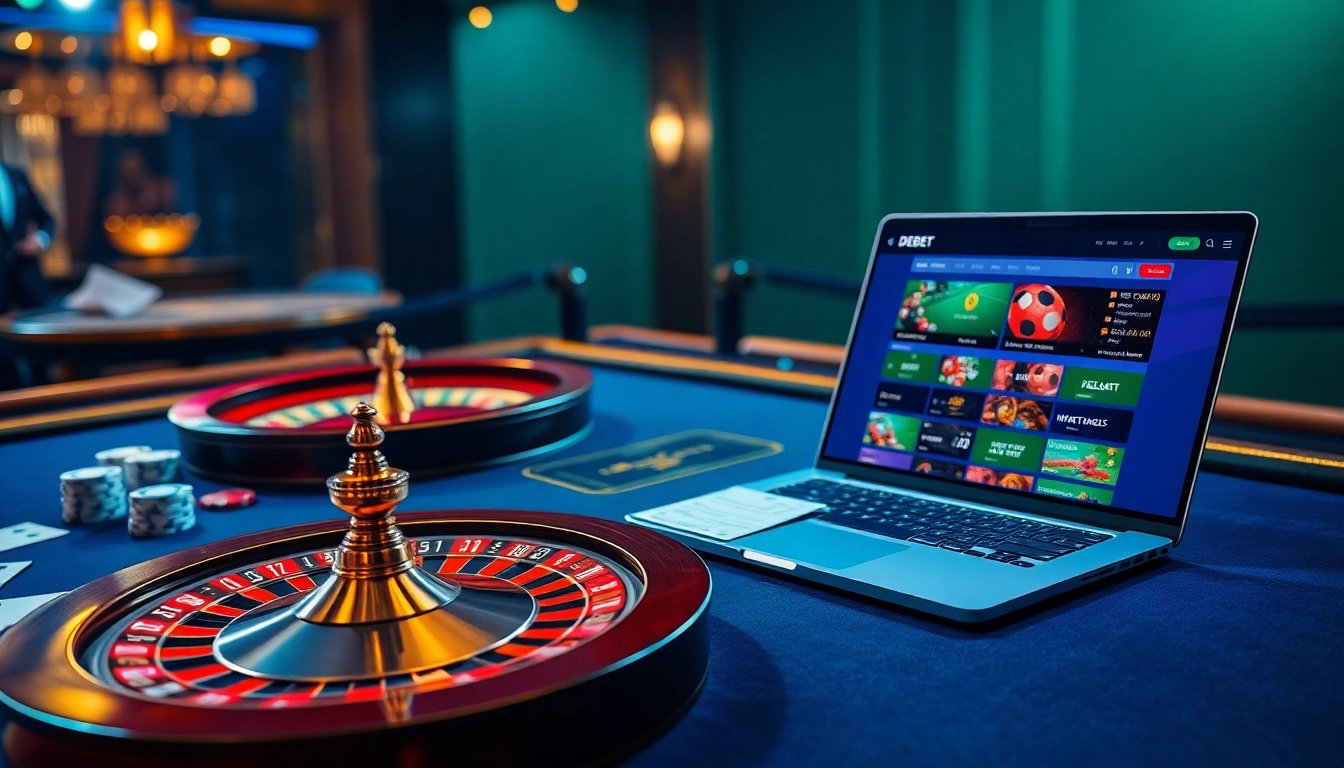 Enhance your gambling experience at Nhà cái DEBET with a luxurious casino scene featuring vivid betting elements.