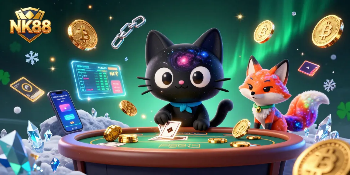 Bet and win at NK88, a vibrant cosmic casino scene filled with golden chips and cards.