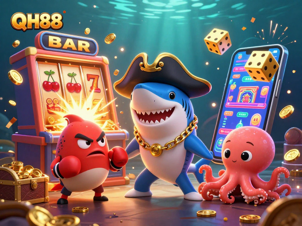Engage with QH88 at this vibrant underwater casino scene featuring exciting characters and symbols.