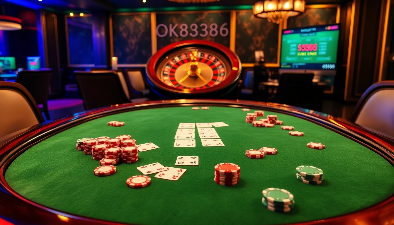 Engaging poker game scene at OK8386 casino table with vibrant chips and cards.
