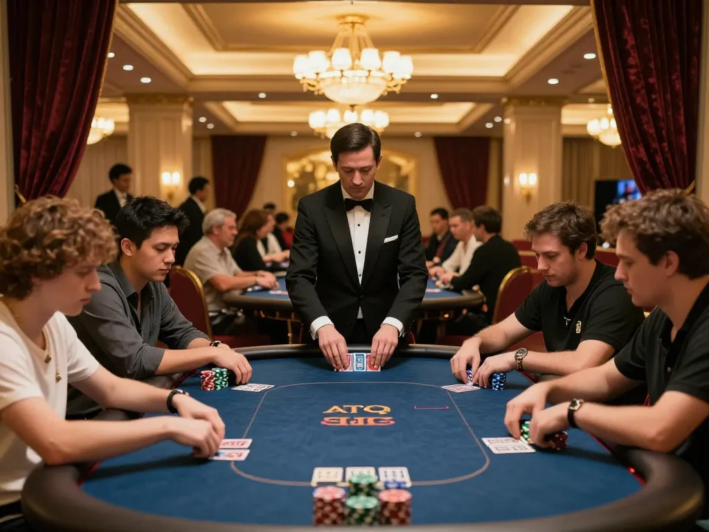 Intense poker game at luxury casino with players surrounding ATQ table, elegant decor and dynamic action.