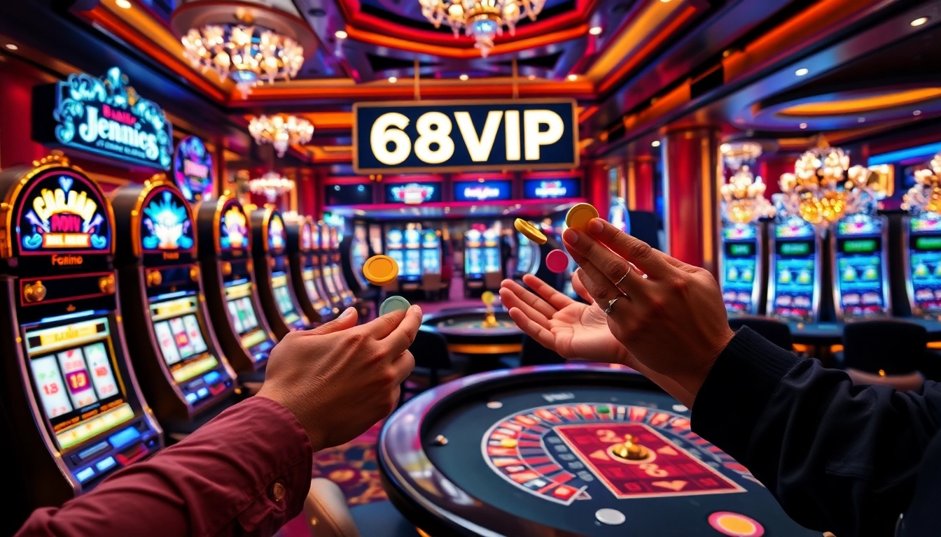 Experience excitement at 68VIP with vibrant casino games, roulette wheels, and slot machines.