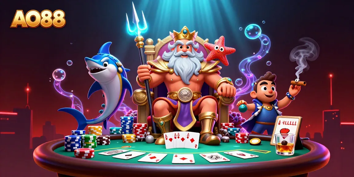 Experience thrilling poker action with AO88's vibrant undersea casino illustration featuring Neptune and friends.