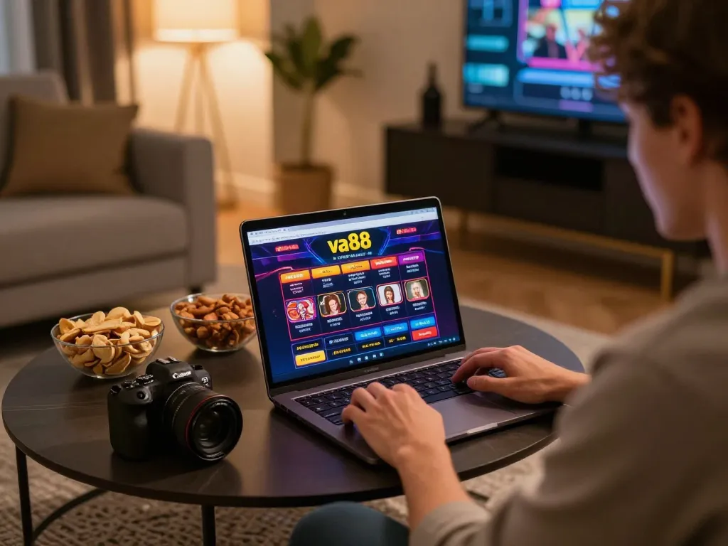 Player engaging with va88 online casino while enjoying a cozy home atmosphere, vibrant gaming interface visible
