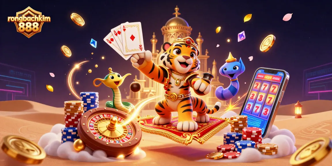 Experience winning strategies with rongbachkim 888 in this vibrant casino-themed illustration.