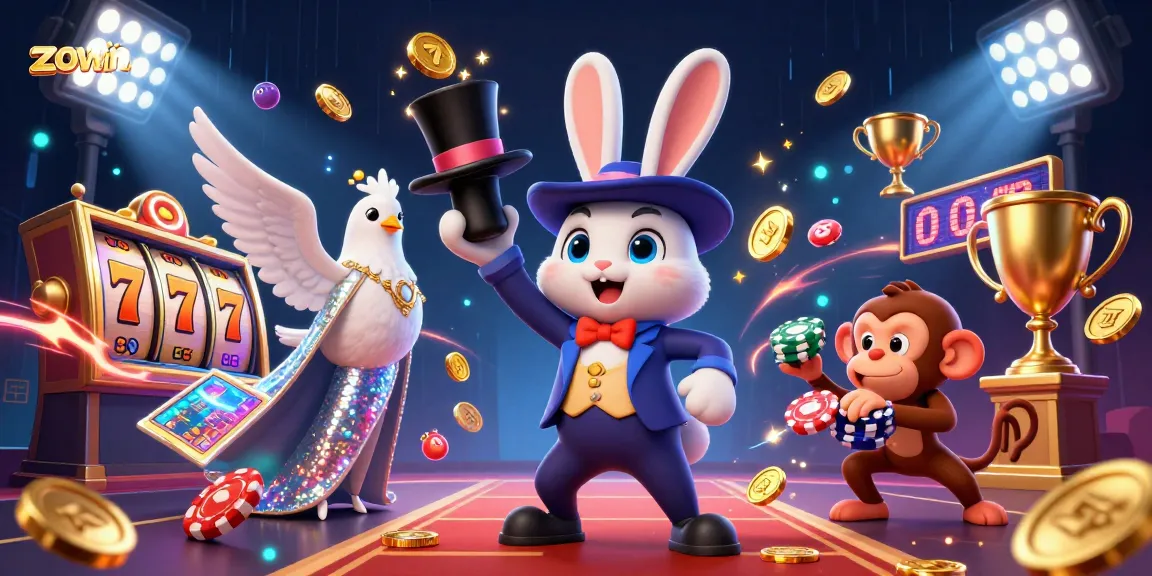 Zowin showcases a dazzling scene with a magician rabbit, dove, and monkey at an exciting casino setting!