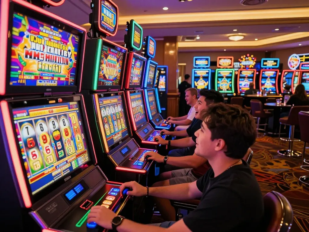 Players enjoy dynamic nổ hũ action at colorful slot machines in a vibrant casino atmosphere.