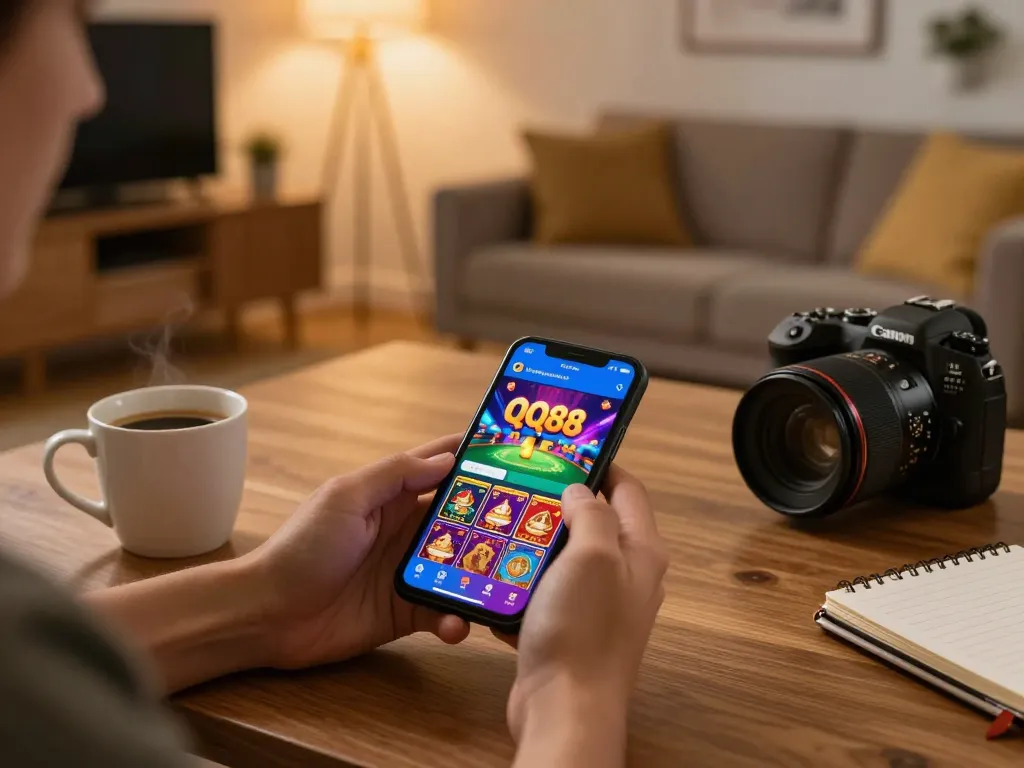 Person engaged in casino gaming on smartphone with QQ88 AE app in a cozy home setting, focused on strategic play.