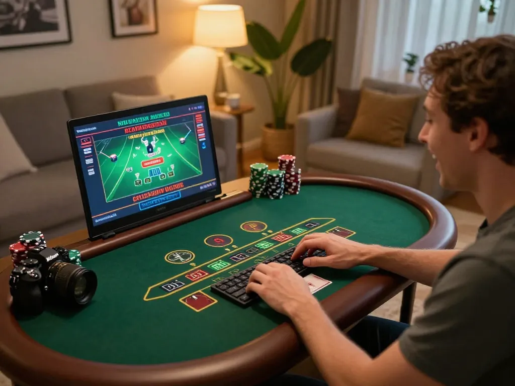 Engaged player experiencing thrill of live dealer blackjack on https://tr88.golf/ in cozy home setting.