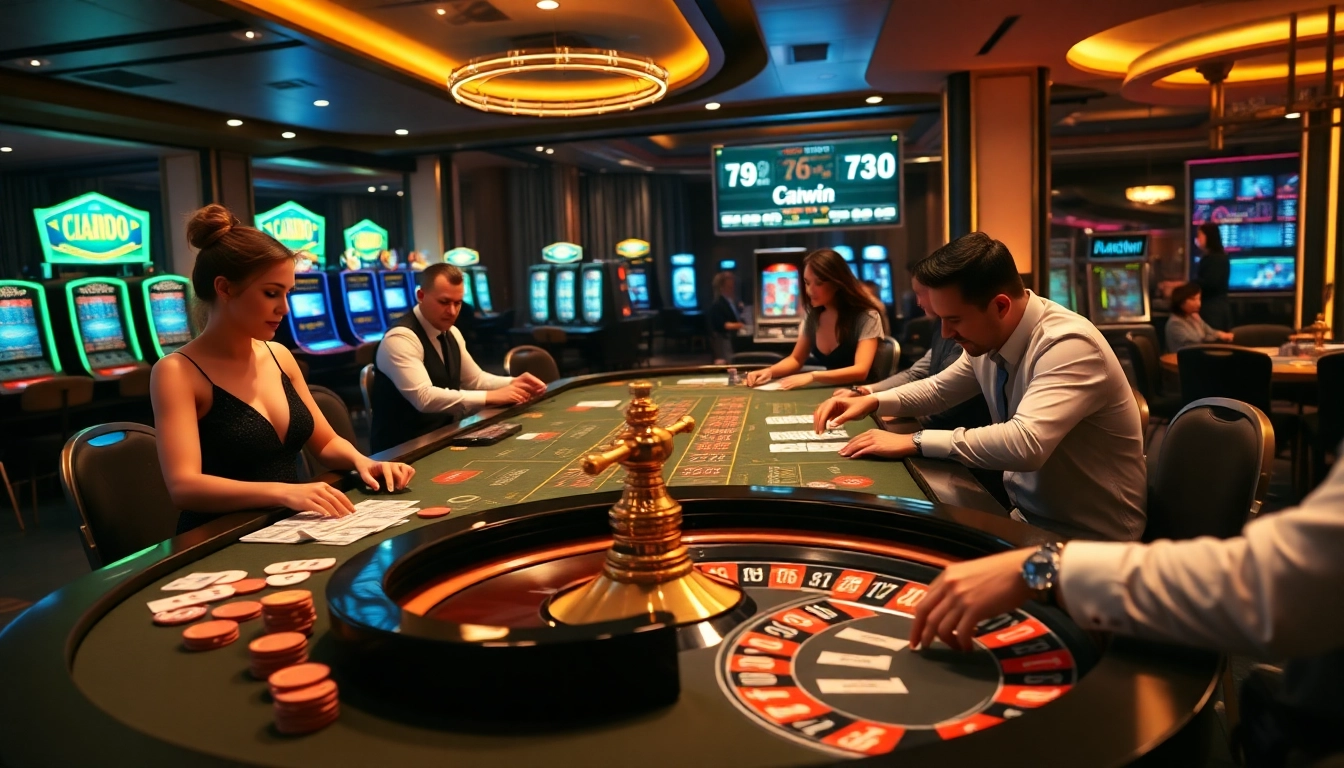 Sunwin casino scene with an elegant dealer and players at the gaming table showcasing excitement and luxury.