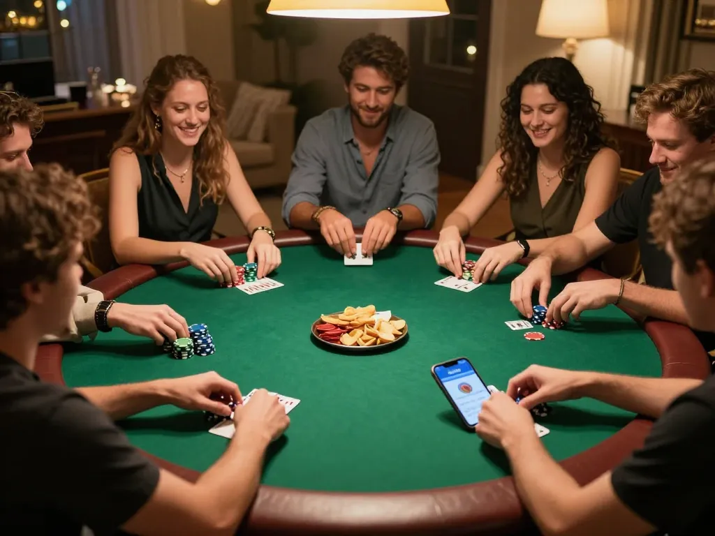 Players enjoying a friendly poker night while using the 33win app for live betting.